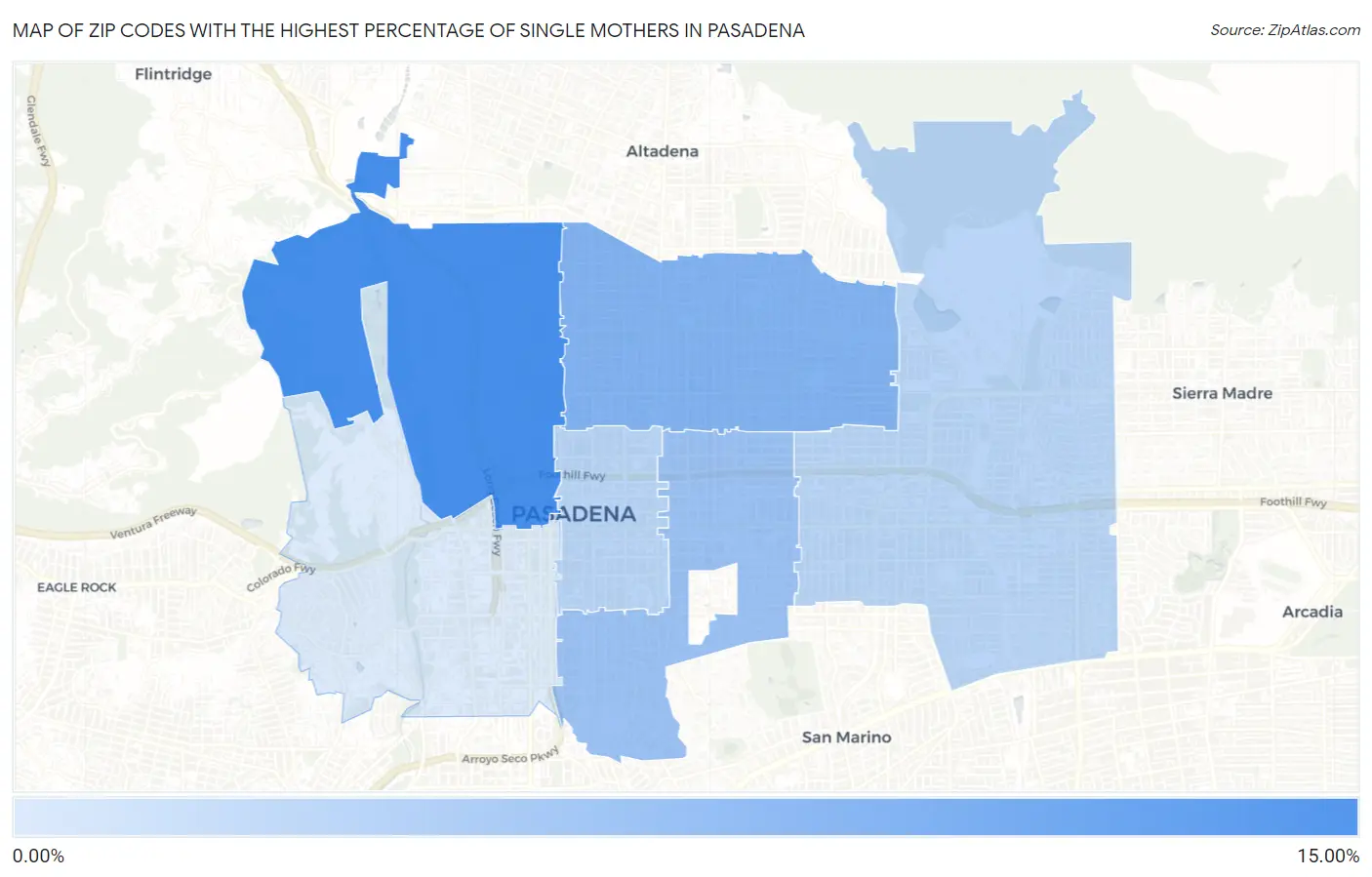 Zip Codes with the Highest Percentage of Single Mothers in Pasadena Map