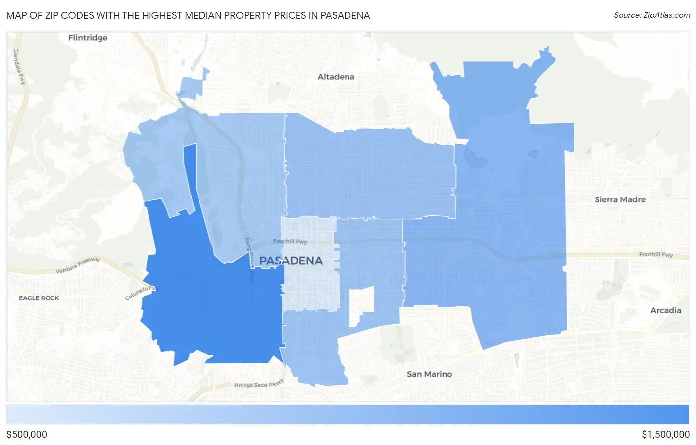 Zip Codes with the Highest Median Property Prices in Pasadena Map