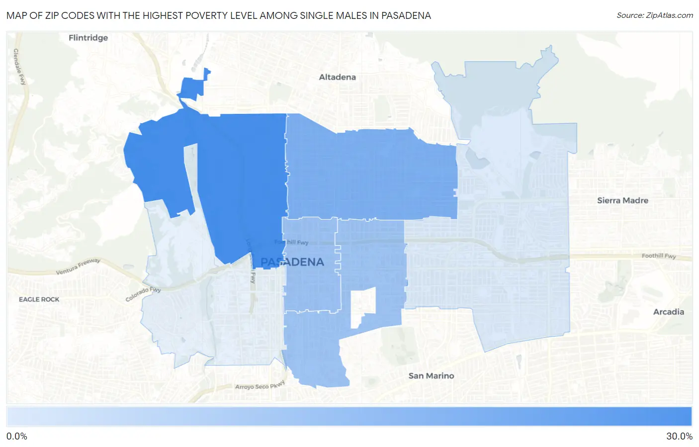 Zip Codes with the Highest Poverty Level Among Single Males in Pasadena Map