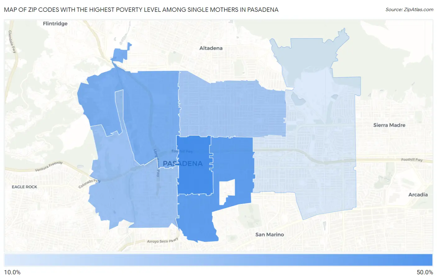 Zip Codes with the Highest Poverty Level Among Single Mothers in Pasadena Map