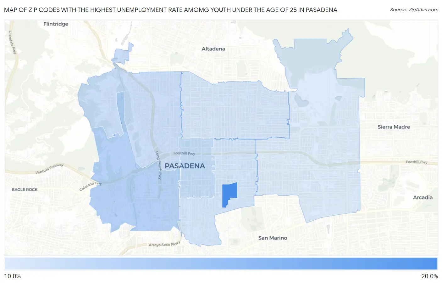 Zip Codes with the Highest Unemployment Rate Amomg Youth Under the Age of 25 in Pasadena Map