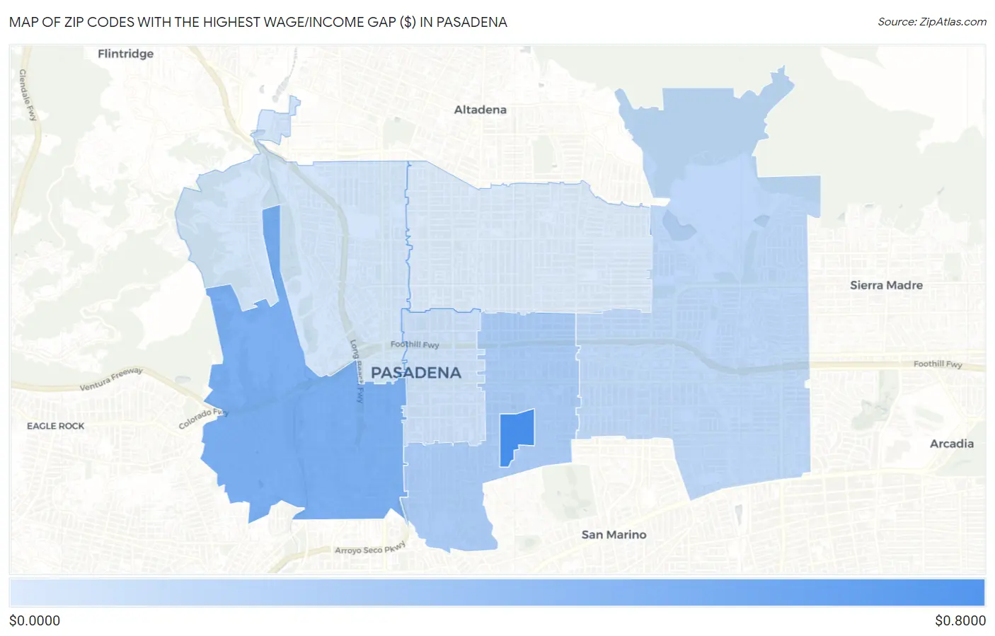Zip Codes with the Highest Wage/Income Gap ($) in Pasadena Map
