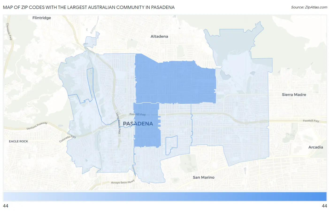 Zip Codes with the Largest Australian Community in Pasadena Map