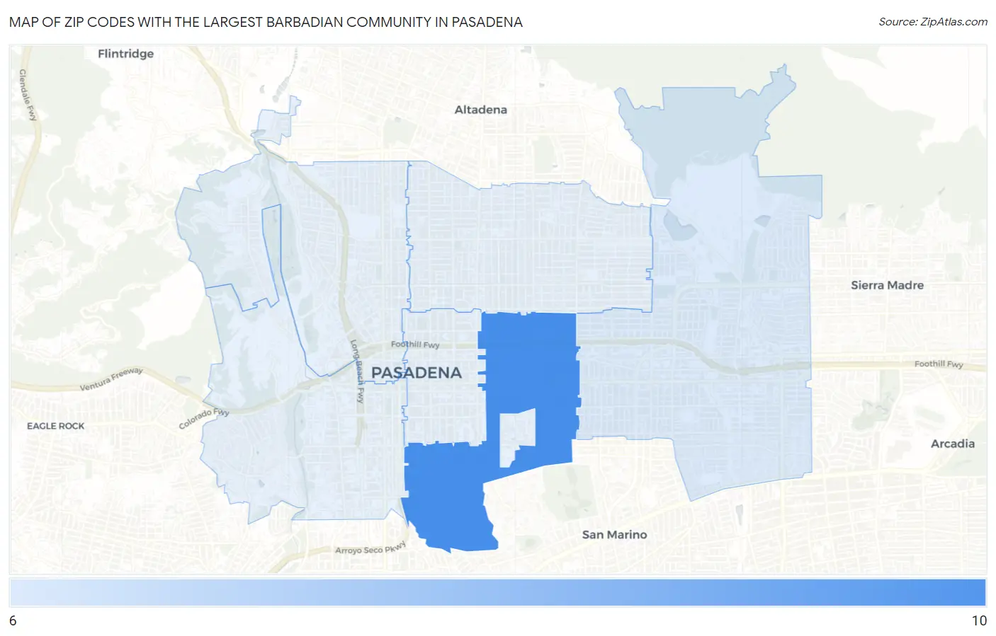Zip Codes with the Largest Barbadian Community in Pasadena Map