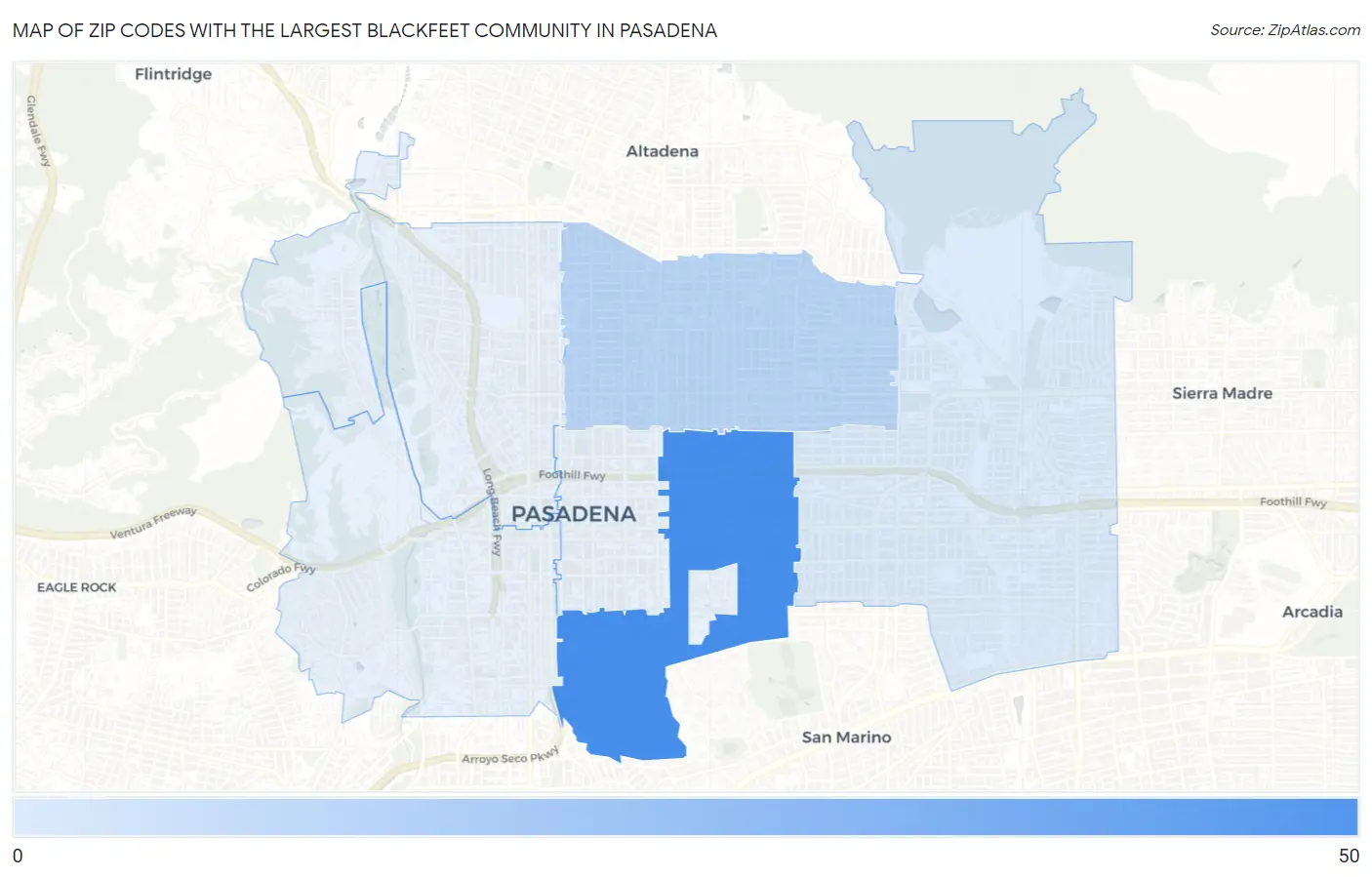 Zip Codes with the Largest Blackfeet Community in Pasadena Map