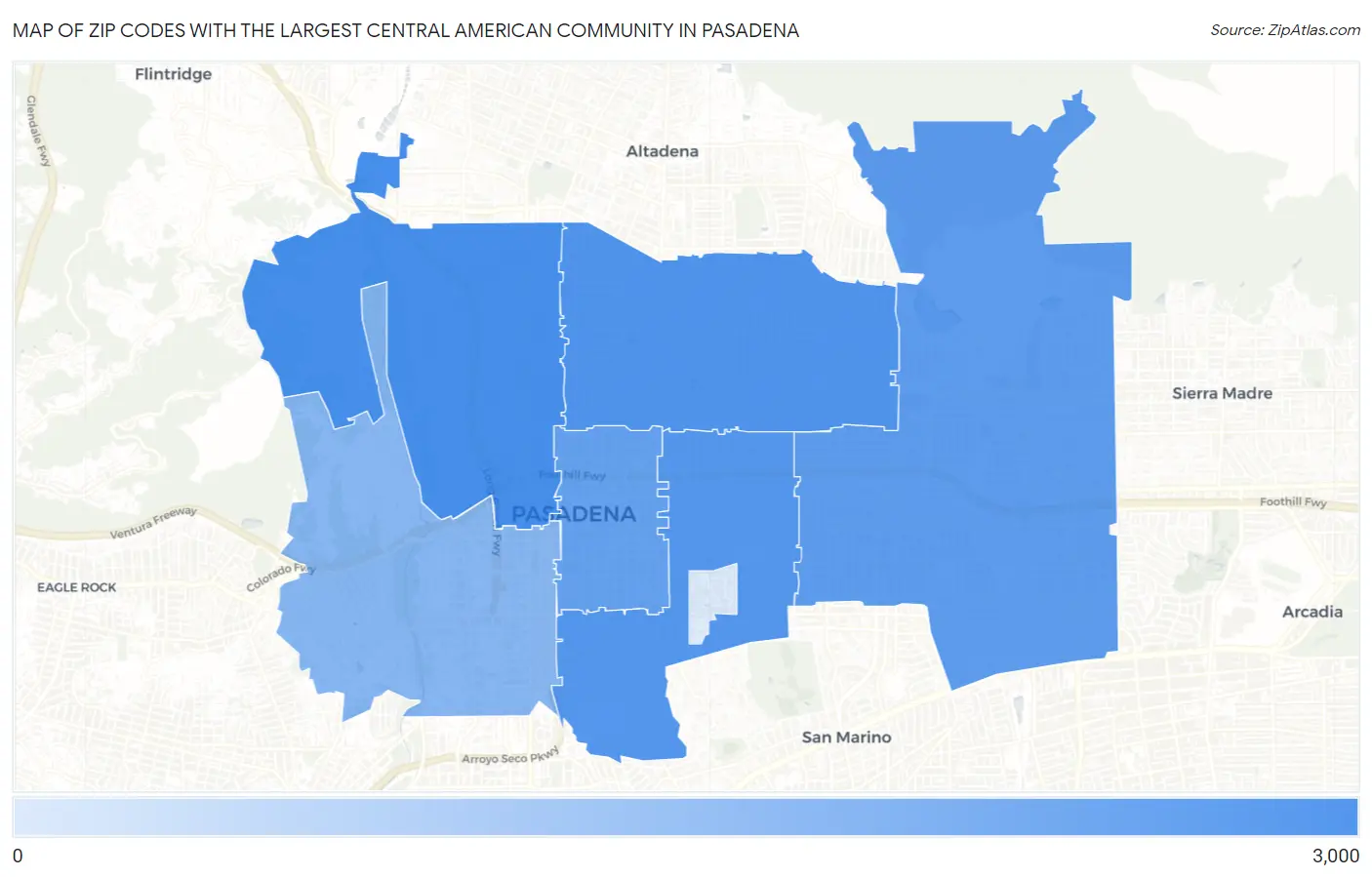 Zip Codes with the Largest Central American Community in Pasadena Map
