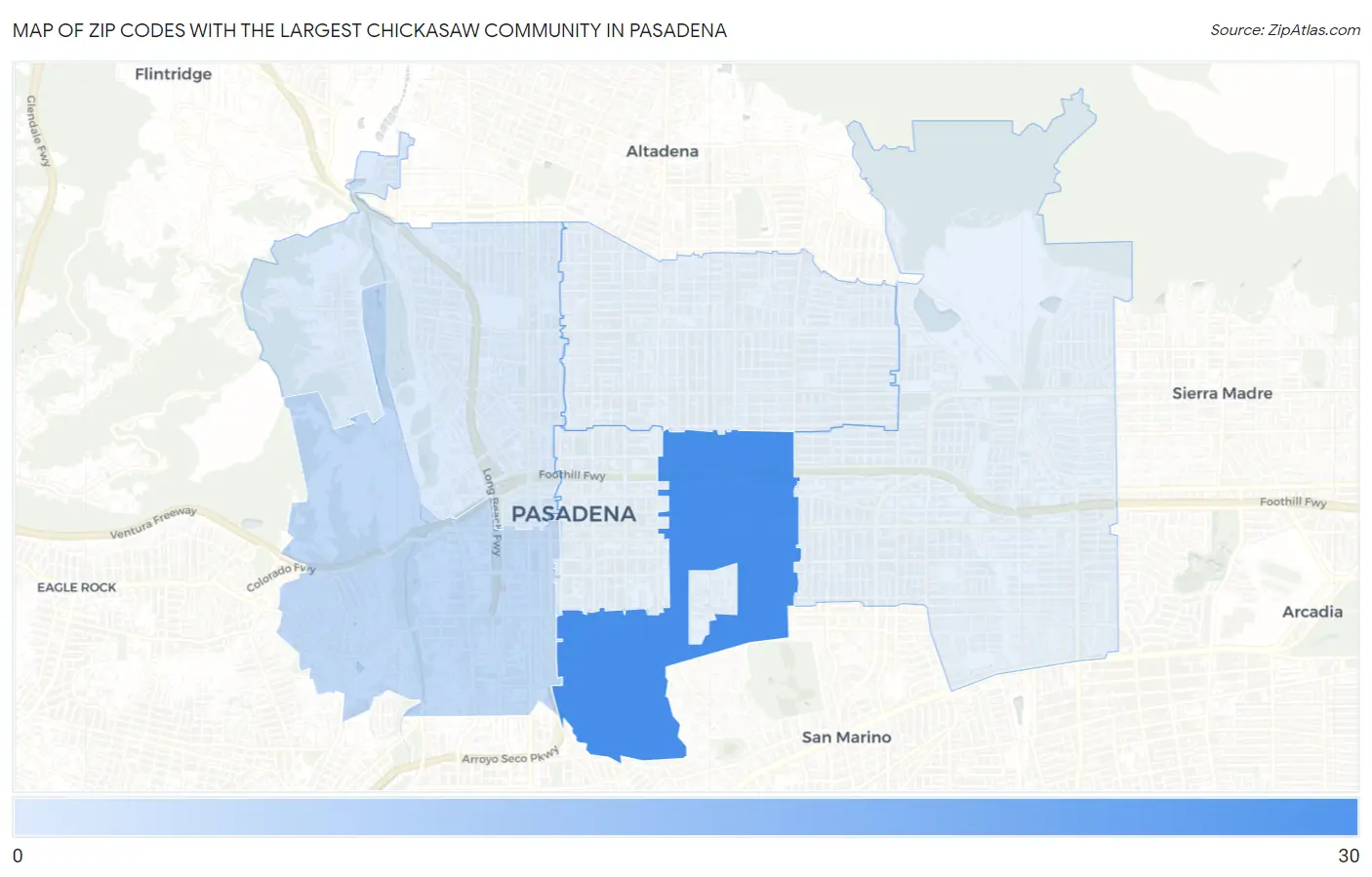 Zip Codes with the Largest Chickasaw Community in Pasadena Map