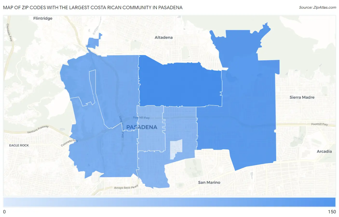 Zip Codes with the Largest Costa Rican Community in Pasadena Map
