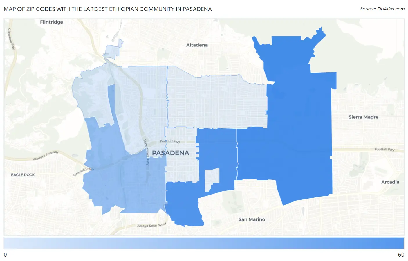 Zip Codes with the Largest Ethiopian Community in Pasadena Map