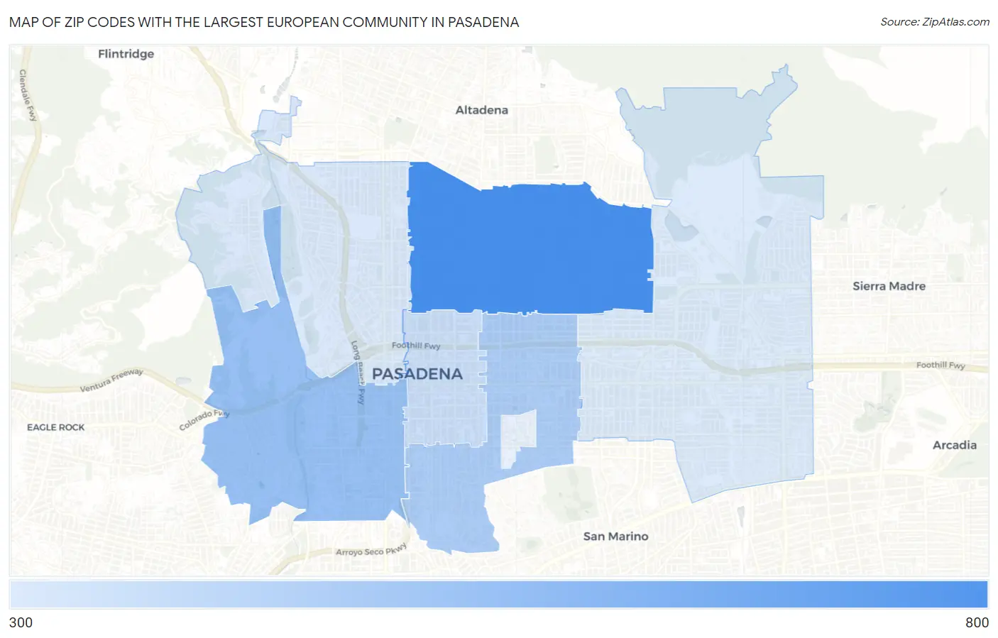 Zip Codes with the Largest European Community in Pasadena Map