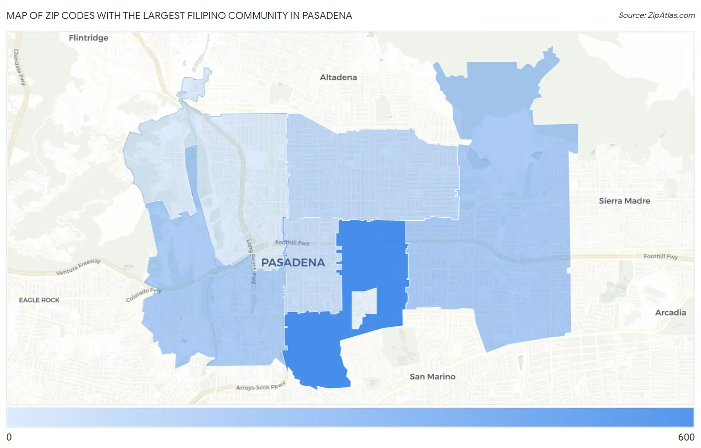 Zip Codes with the Largest Filipino Community in Pasadena Map