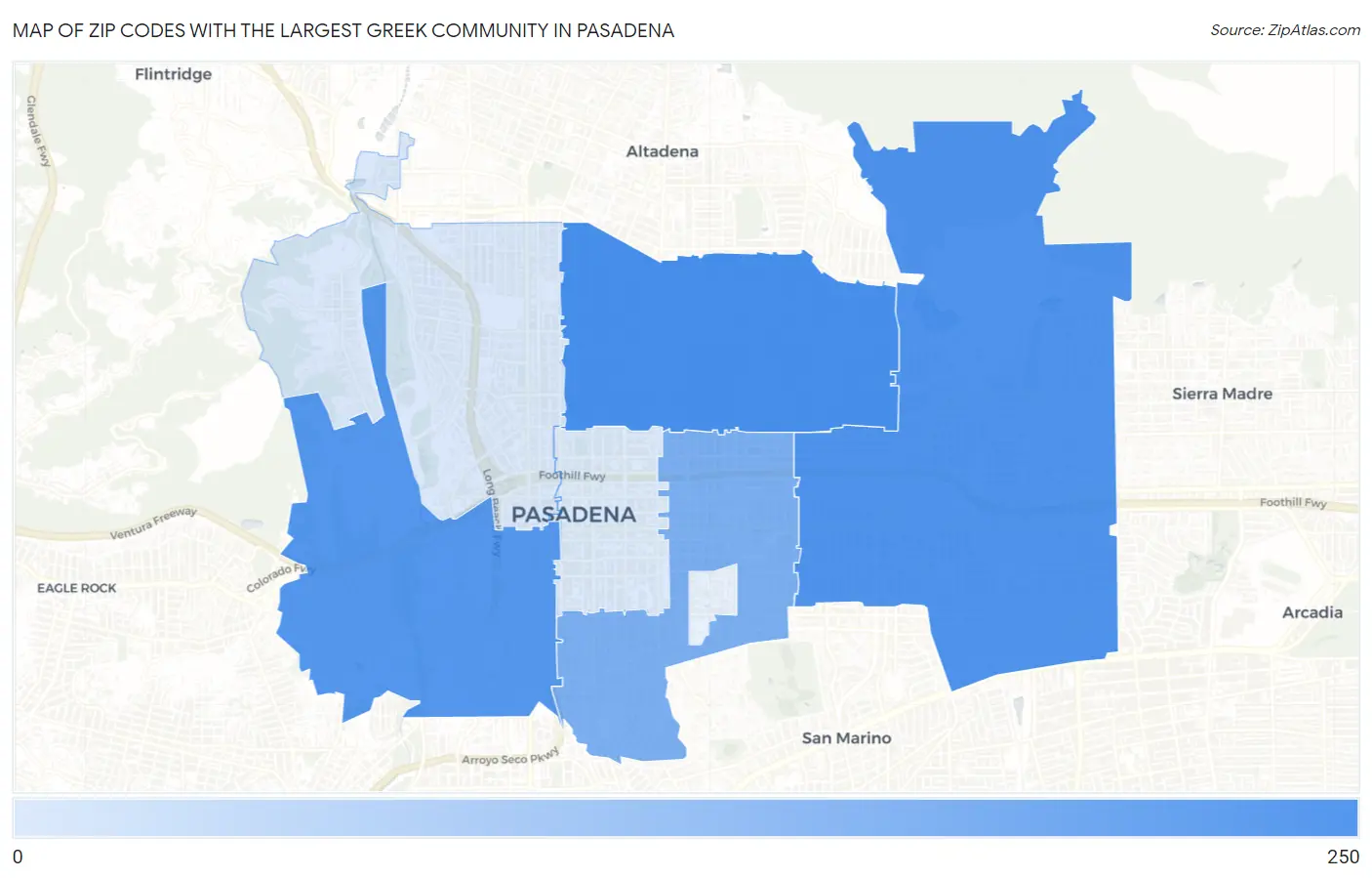 Zip Codes with the Largest Greek Community in Pasadena Map