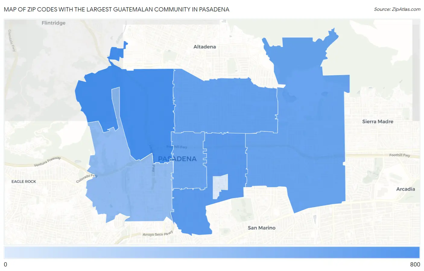 Zip Codes with the Largest Guatemalan Community in Pasadena Map