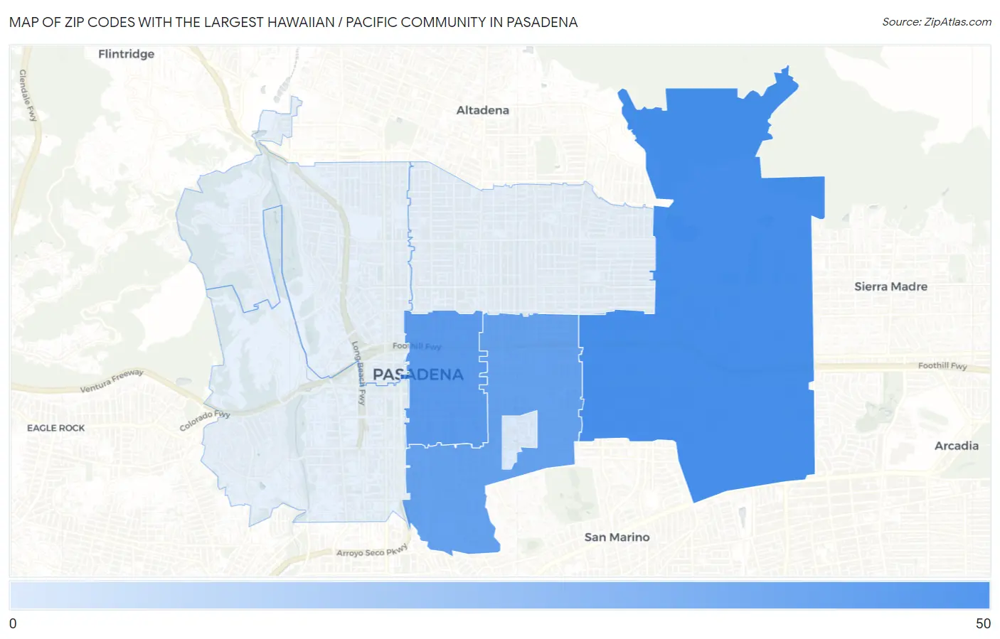 Zip Codes with the Largest Hawaiian / Pacific Community in Pasadena Map