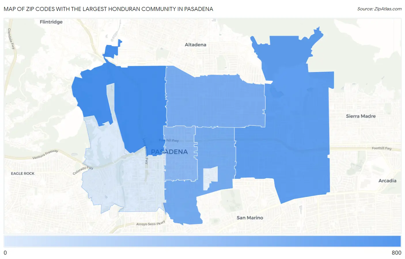 Zip Codes with the Largest Honduran Community in Pasadena Map