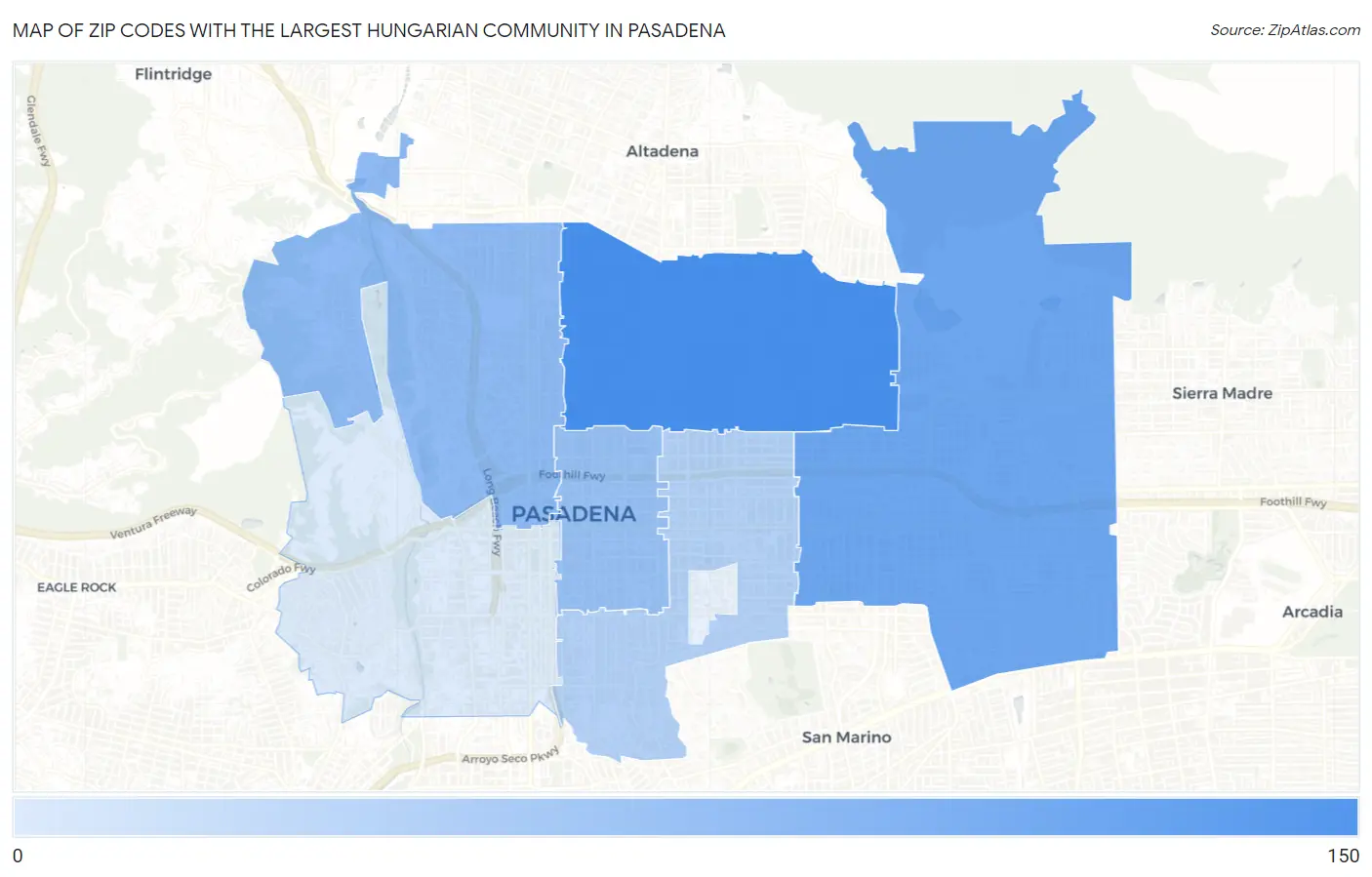 Zip Codes with the Largest Hungarian Community in Pasadena Map