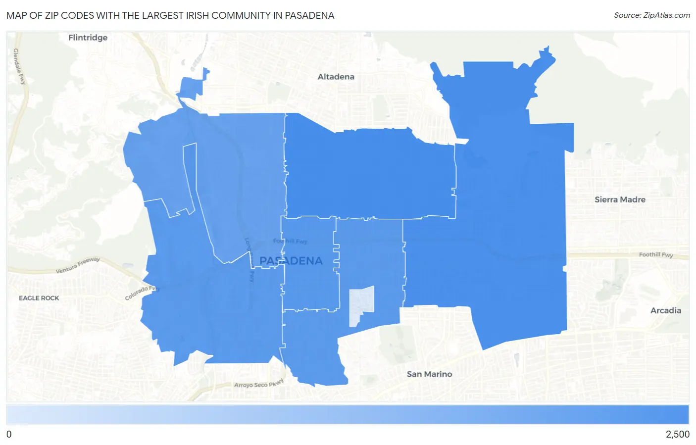 Zip Codes with the Largest Irish Community in Pasadena Map
