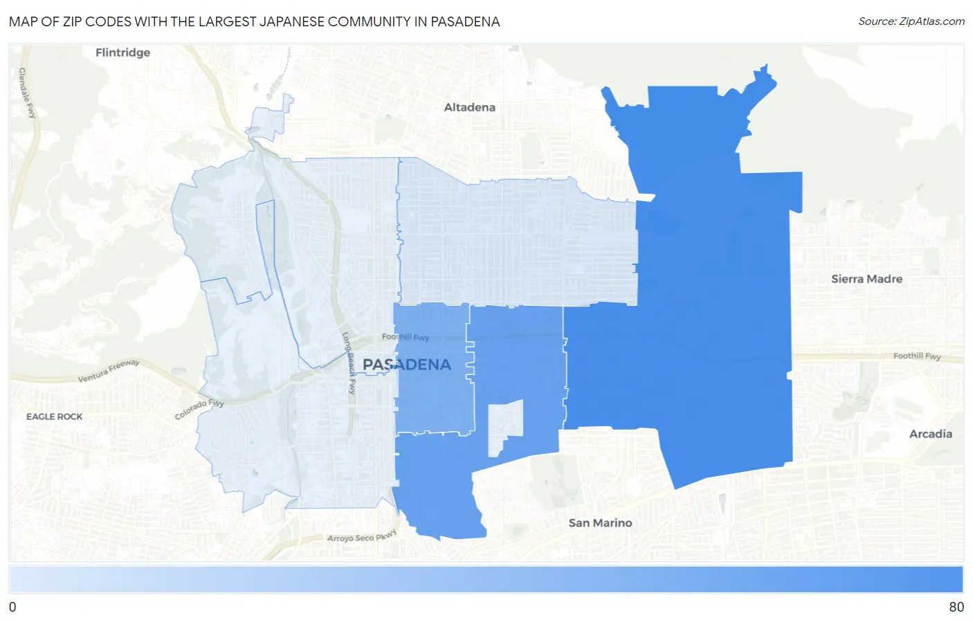 Zip Codes with the Largest Japanese Community in Pasadena Map