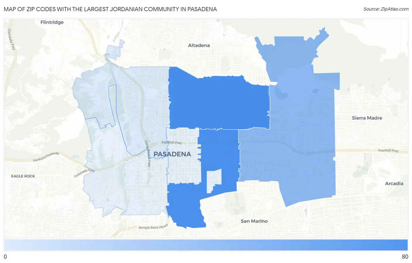 Zip Codes with the Largest Jordanian Community in Pasadena Map