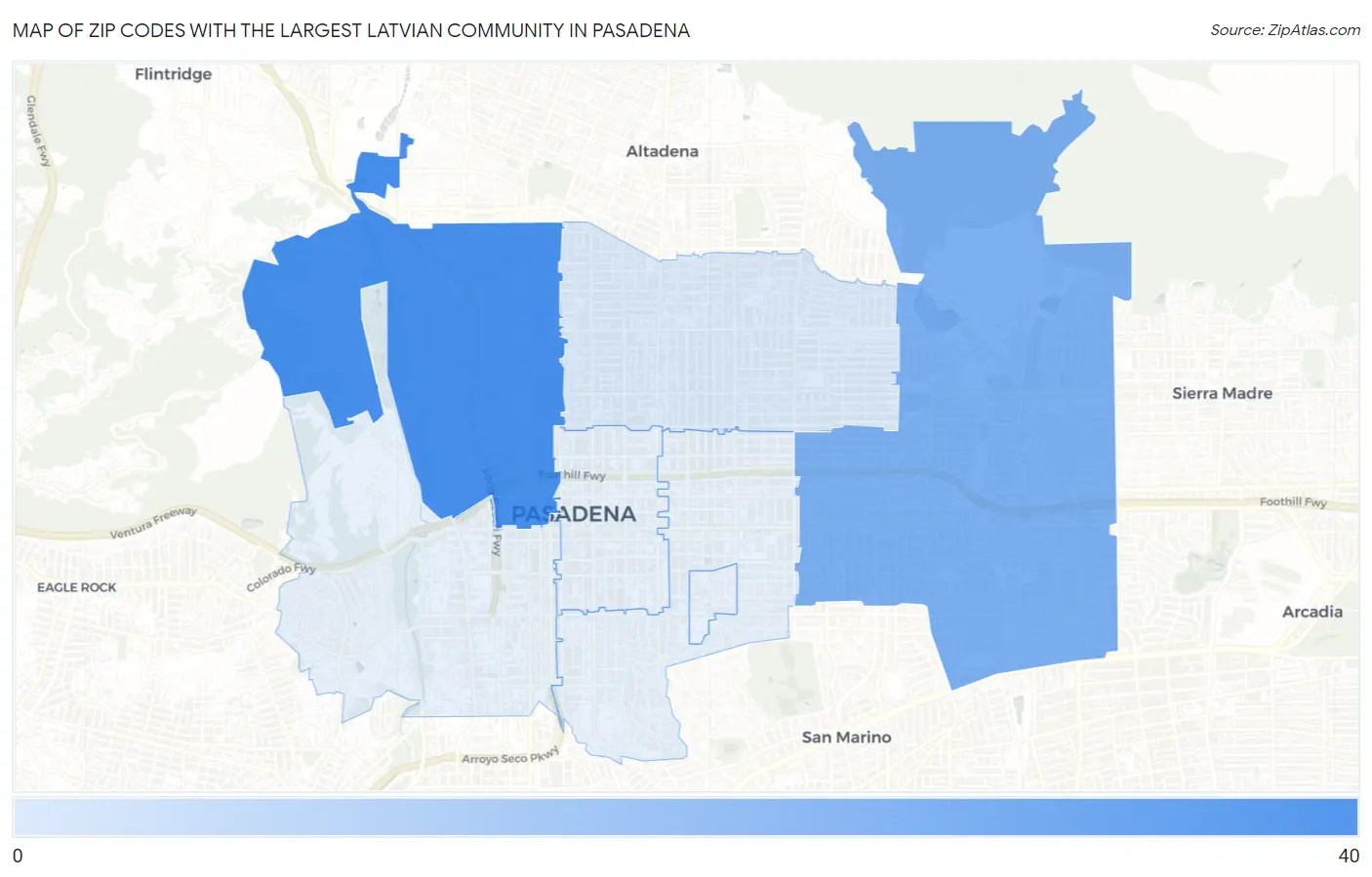 Zip Codes with the Largest Latvian Community in Pasadena Map