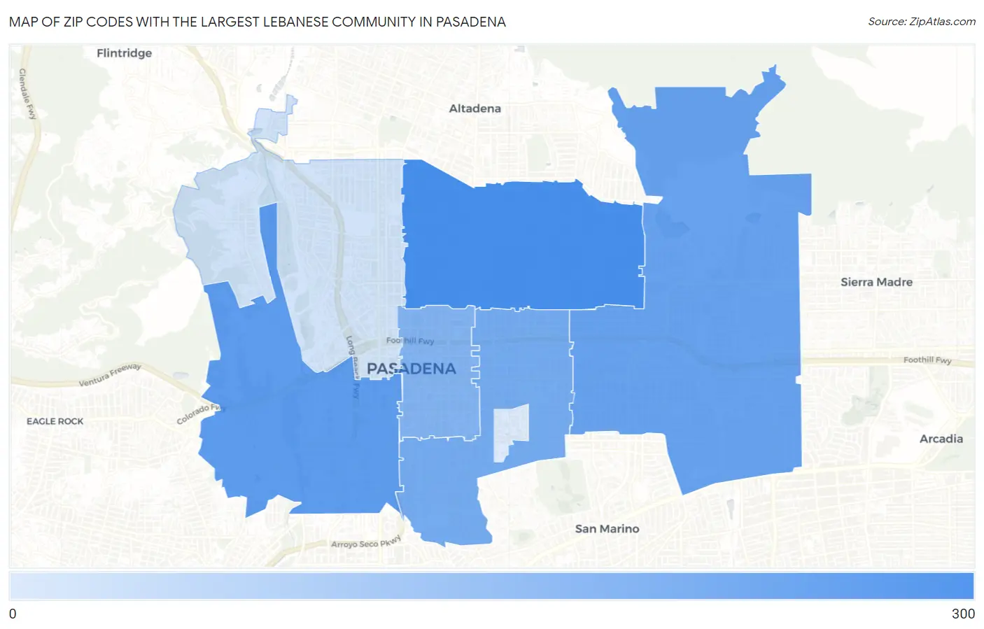 Zip Codes with the Largest Lebanese Community in Pasadena Map