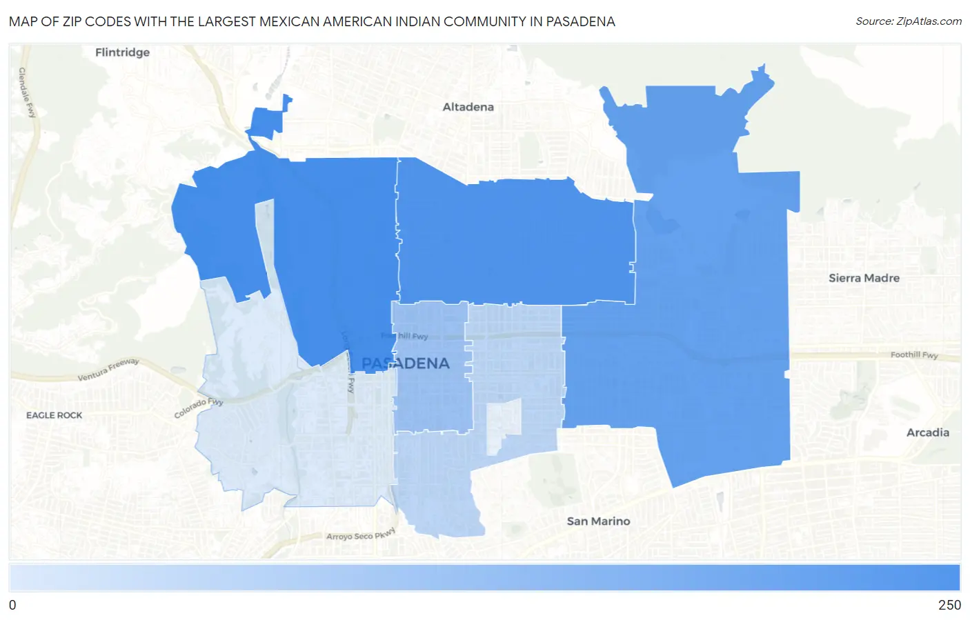 Zip Codes with the Largest Mexican American Indian Community in Pasadena Map