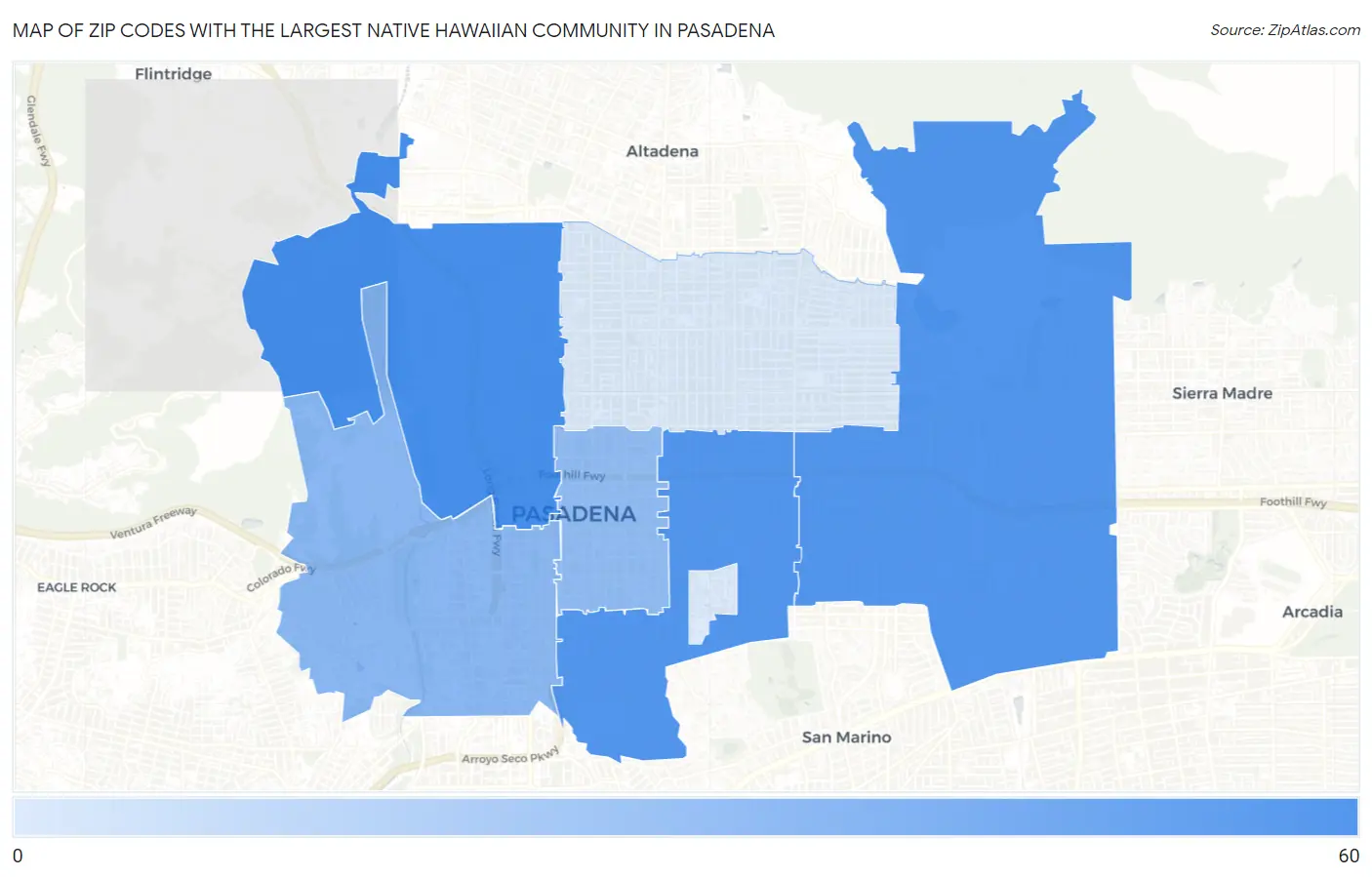 Zip Codes with the Largest Native Hawaiian Community in Pasadena Map