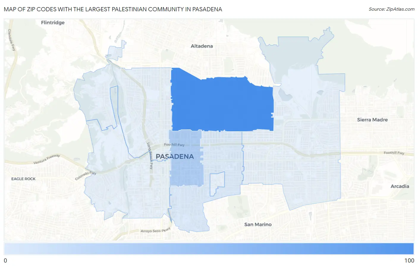 Zip Codes with the Largest Palestinian Community in Pasadena Map