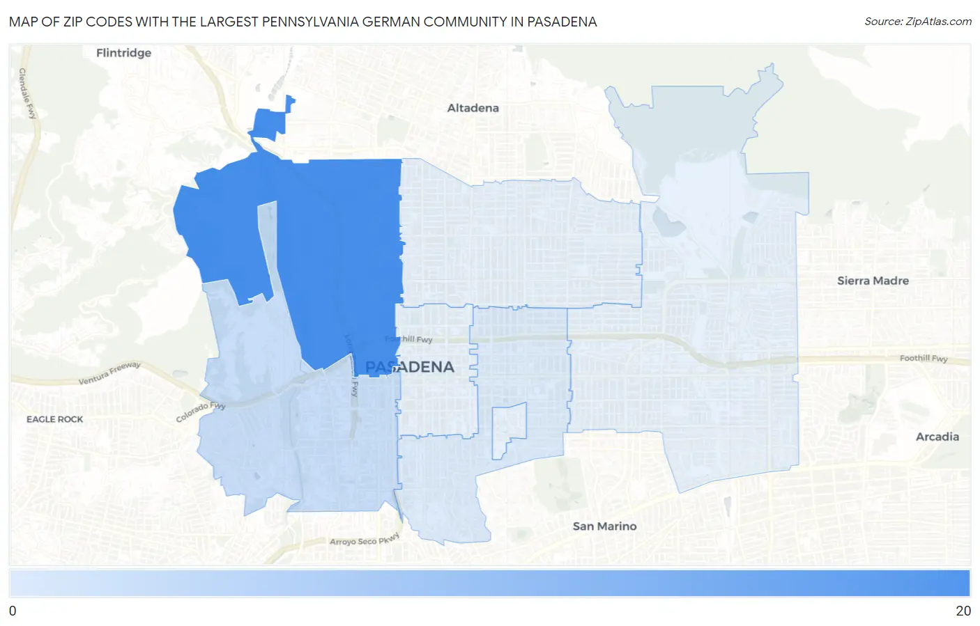 Zip Codes with the Largest Pennsylvania German Community in Pasadena Map