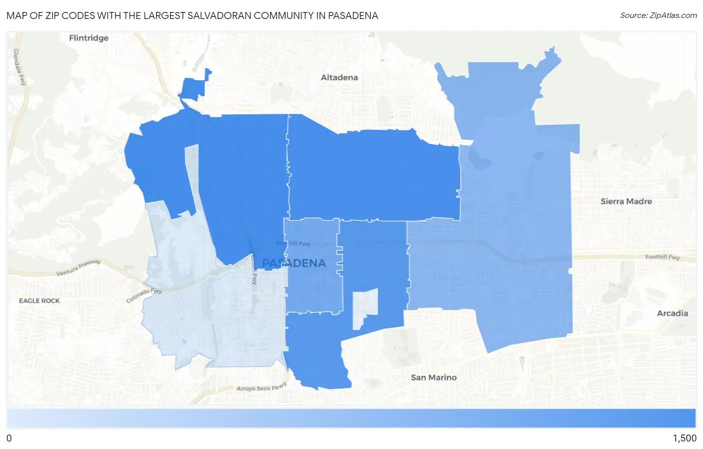 Zip Codes with the Largest Salvadoran Community in Pasadena Map