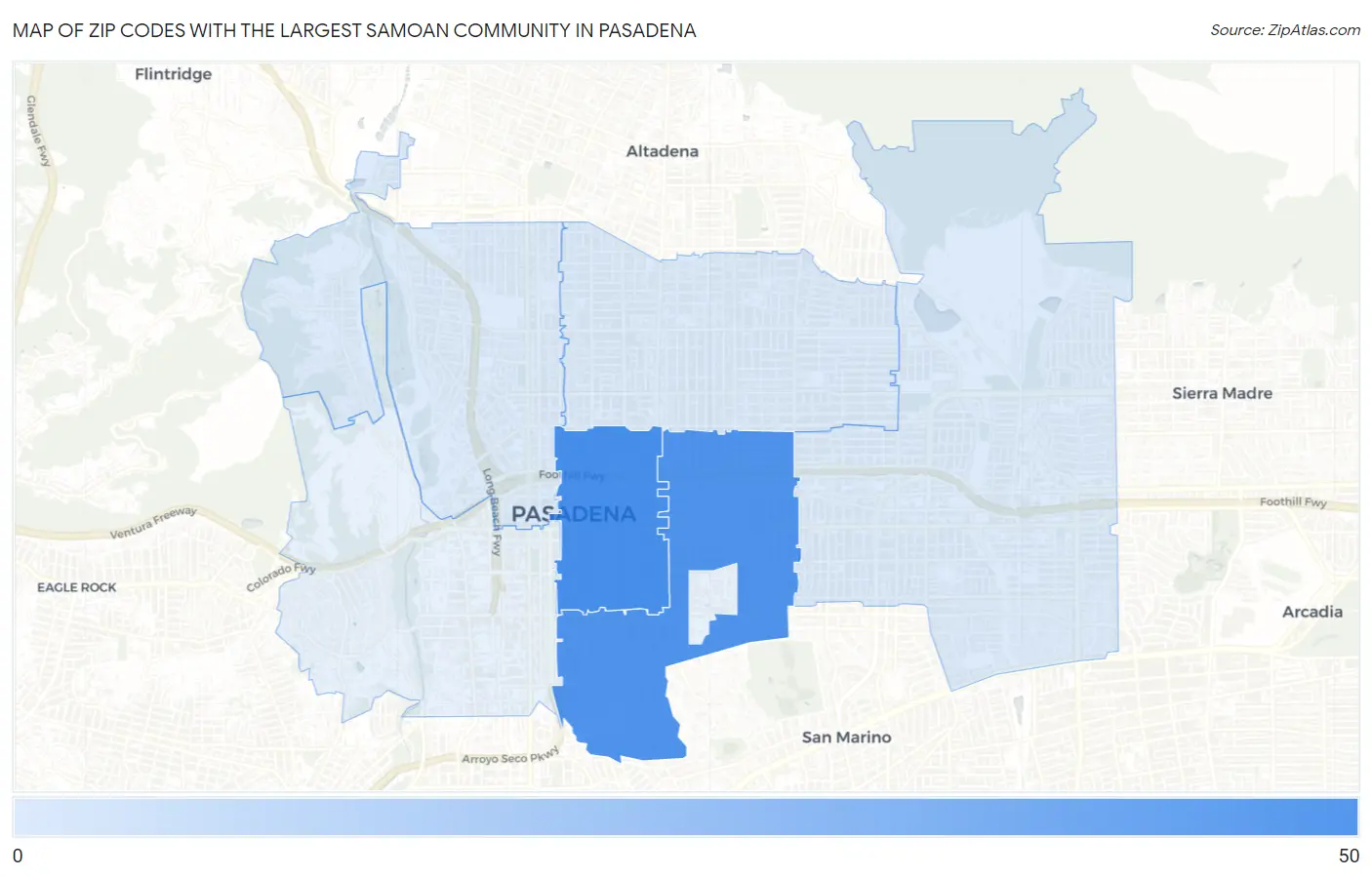 Zip Codes with the Largest Samoan Community in Pasadena Map