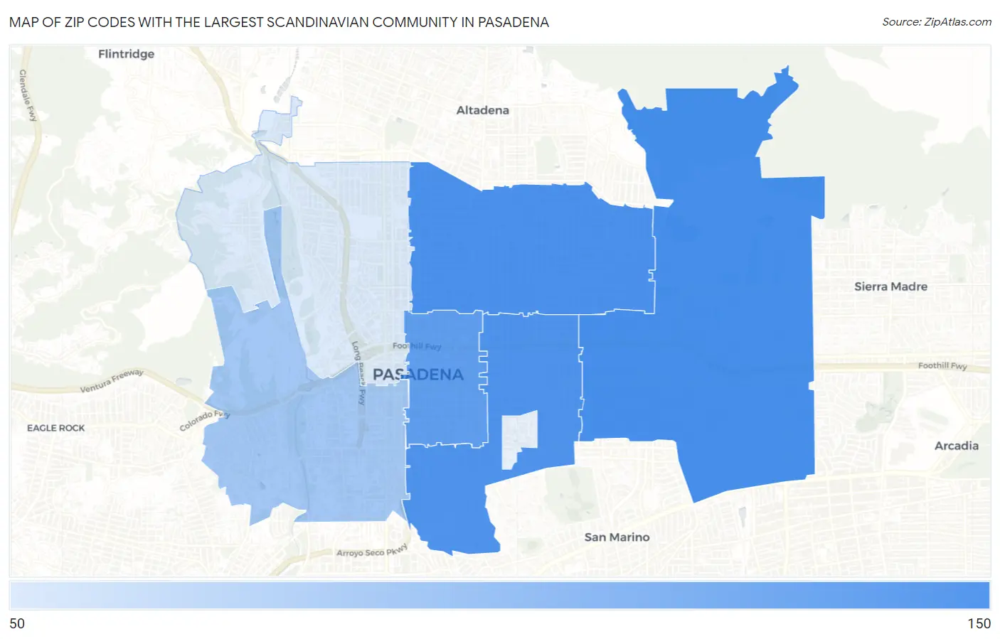 Zip Codes with the Largest Scandinavian Community in Pasadena Map