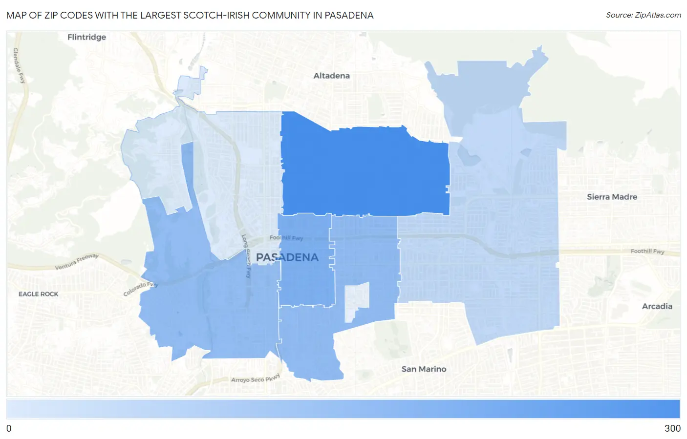 Zip Codes with the Largest Scotch-Irish Community in Pasadena Map