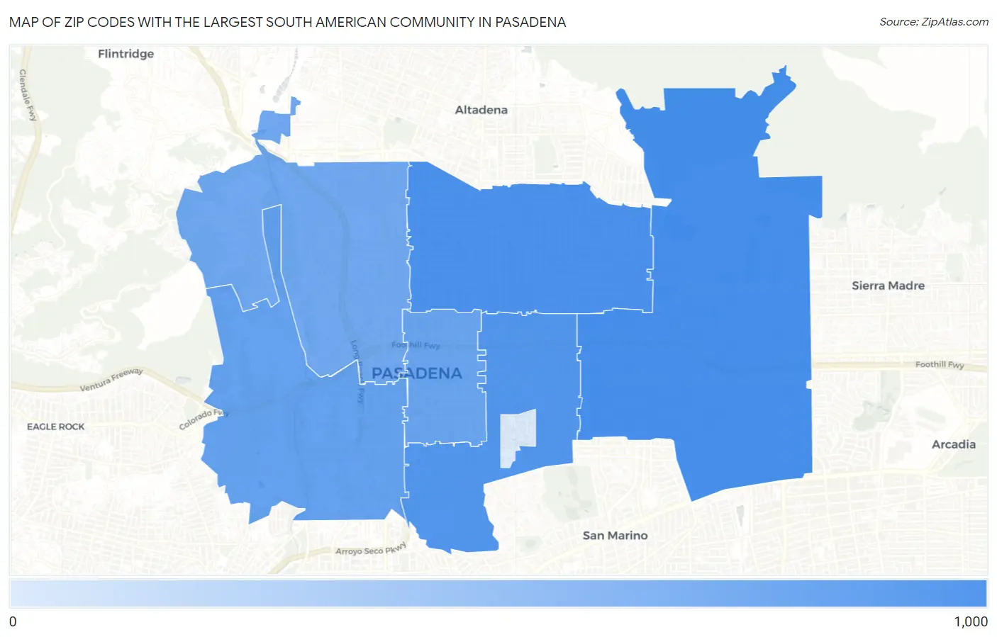 Zip Codes with the Largest South American Community in Pasadena Map