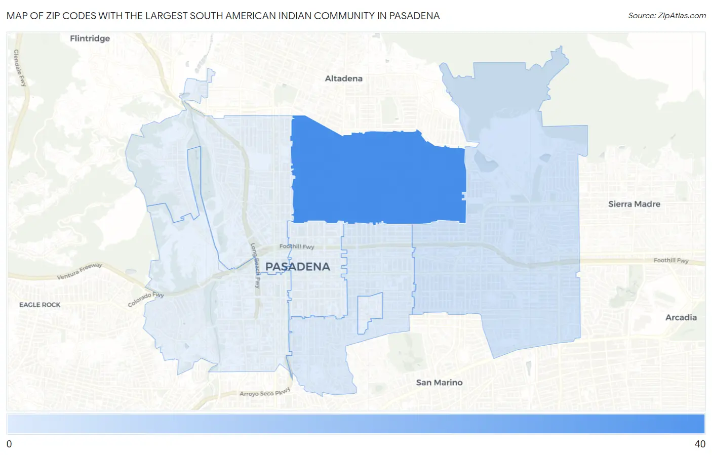 Zip Codes with the Largest South American Indian Community in Pasadena Map