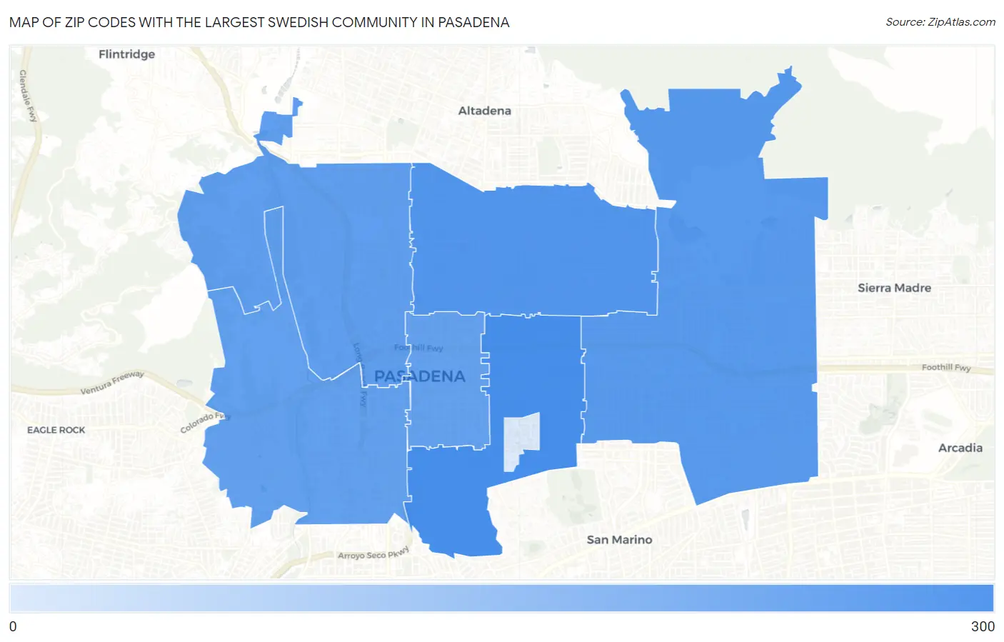 Zip Codes with the Largest Swedish Community in Pasadena Map