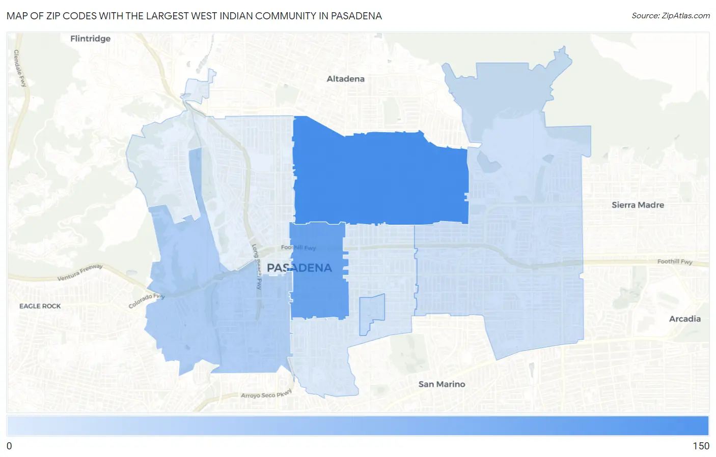 Zip Codes with the Largest West Indian Community in Pasadena Map