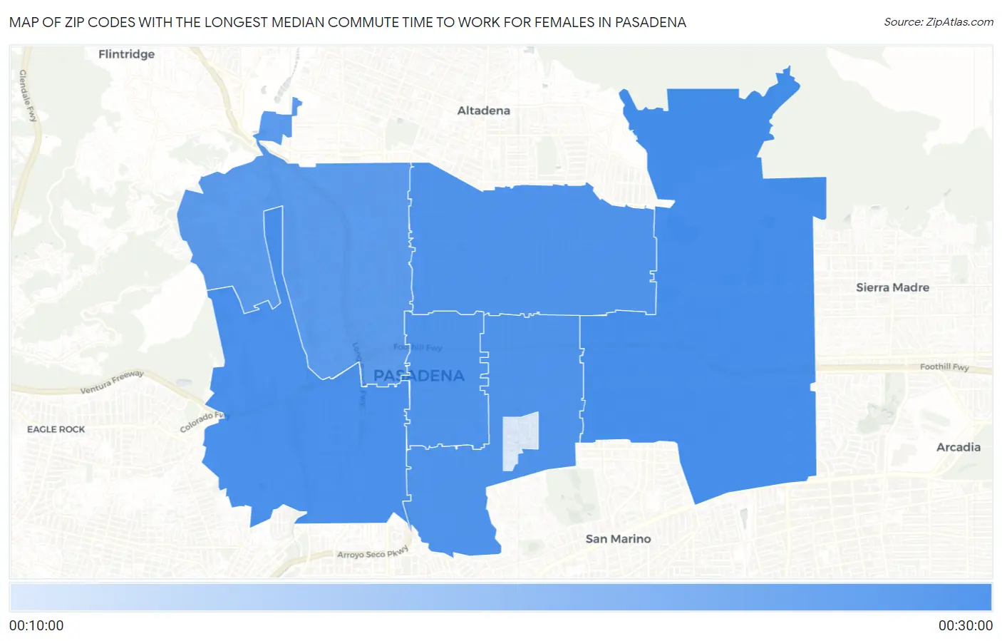Zip Codes with the Longest Median Commute Time to Work for Females in Pasadena Map