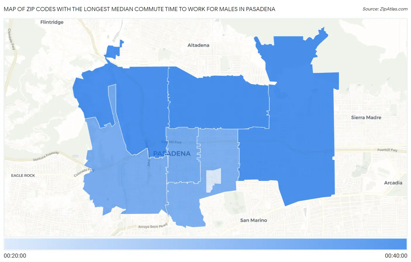 Zip Codes with the Longest Median Commute Time to Work for Males in Pasadena Map