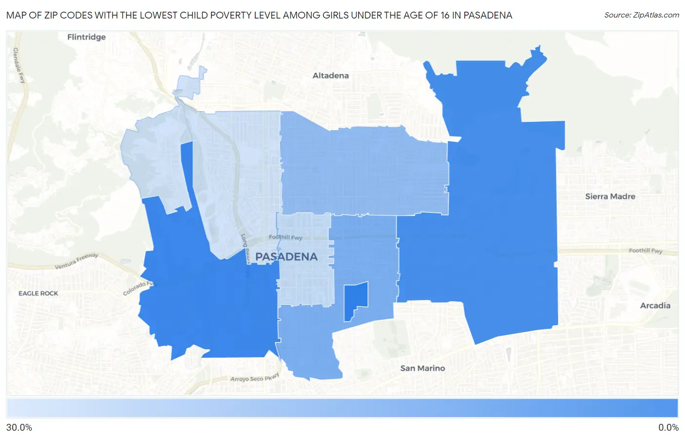 Zip Codes with the Lowest Child Poverty Level Among Girls Under the Age of 16 in Pasadena Map