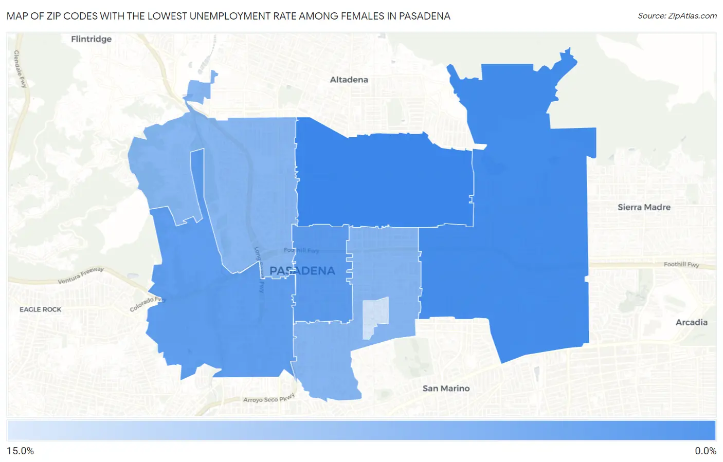Zip Codes with the Lowest Unemployment Rate Among Females in Pasadena Map