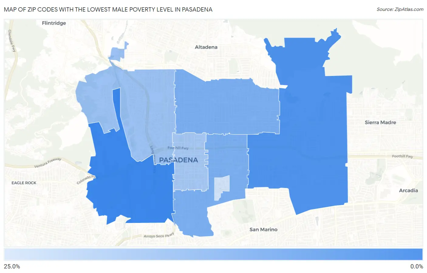 Zip Codes with the Lowest Male Poverty Level in Pasadena Map
