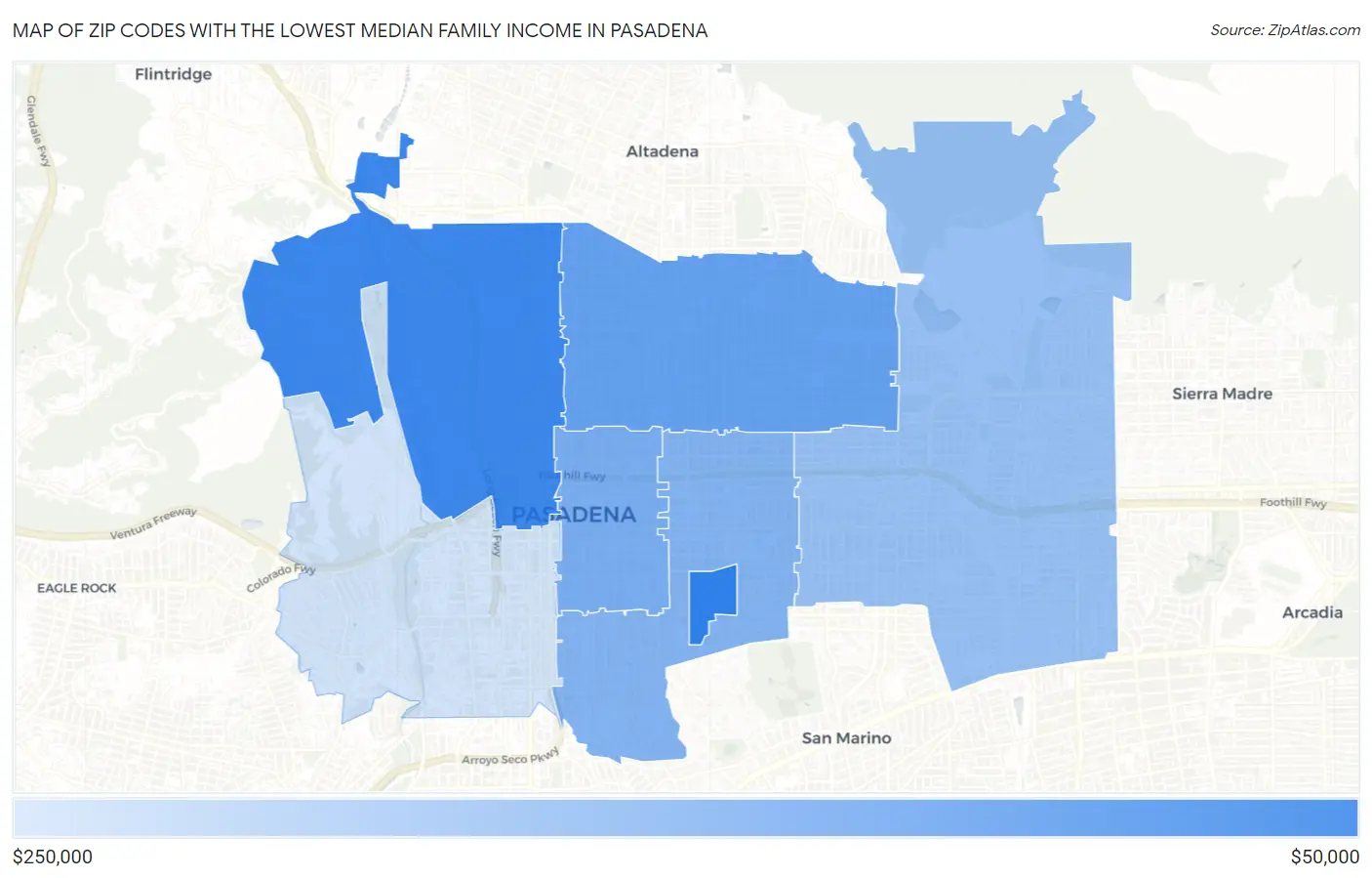 Zip Codes with the Lowest Median Family Income in Pasadena Map