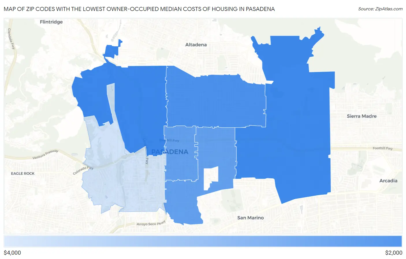 Zip Codes with the Lowest Owner-Occupied Median Costs of Housing in Pasadena Map