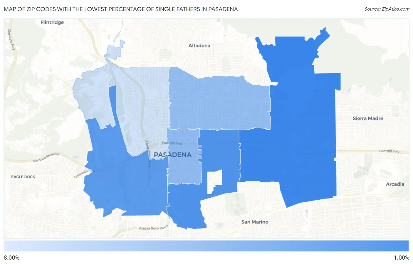 Zip Codes with the Lowest Percentage of Single Fathers in Pasadena Map