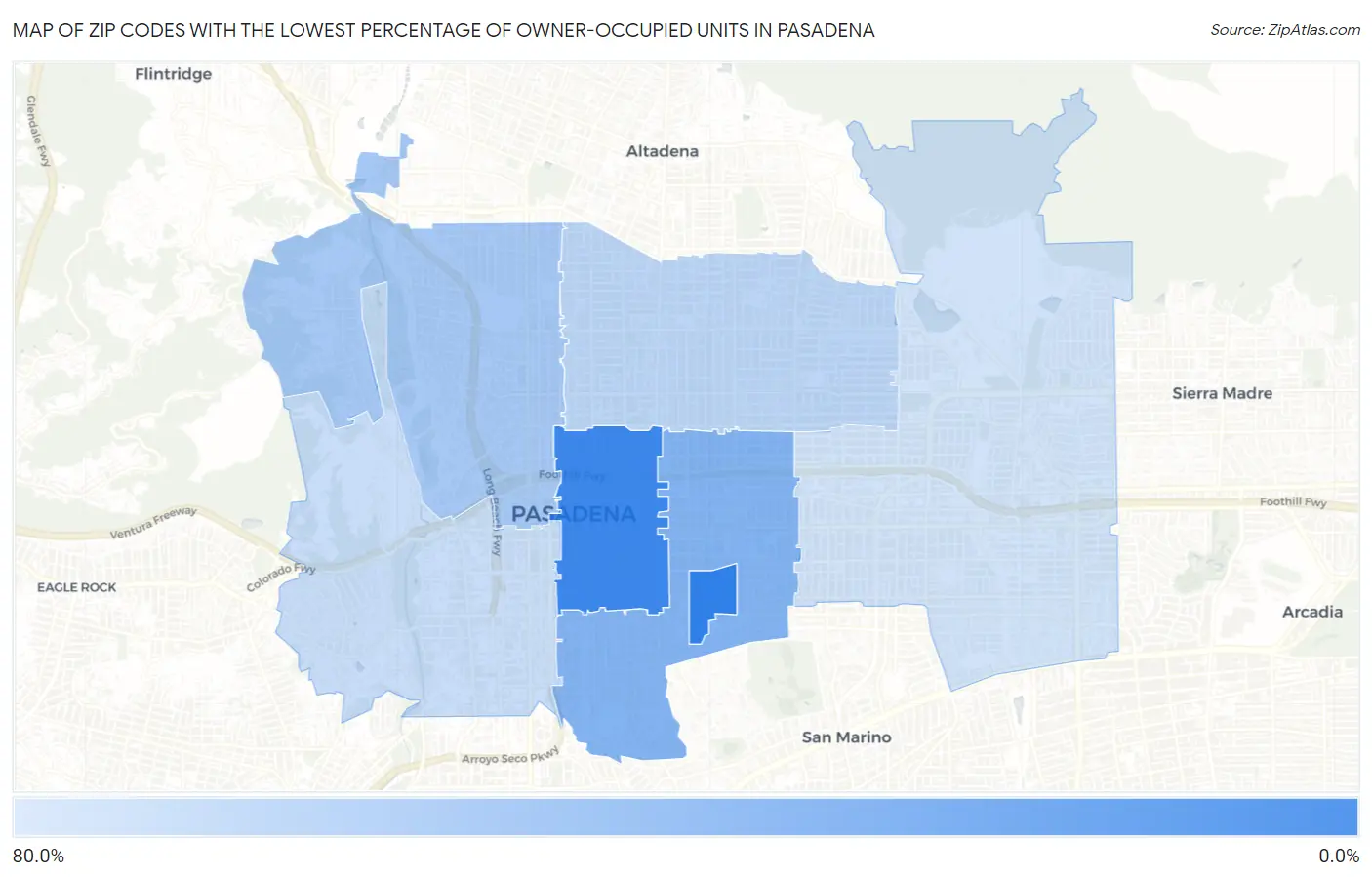 Zip Codes with the Lowest Percentage of Owner-Occupied Units in Pasadena Map
