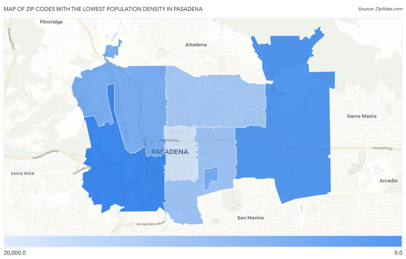 Zip Codes with the Lowest Population Density in Pasadena Map
