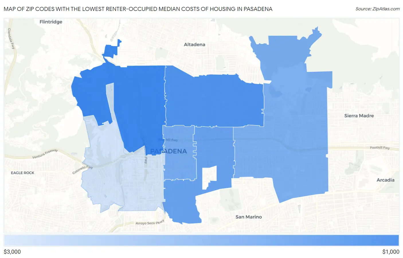 Zip Codes with the Lowest Renter-Occupied Median Costs of Housing in Pasadena Map