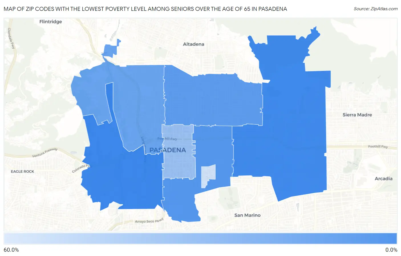 Zip Codes with the Lowest Poverty Level Among Seniors Over the Age of 65 in Pasadena Map