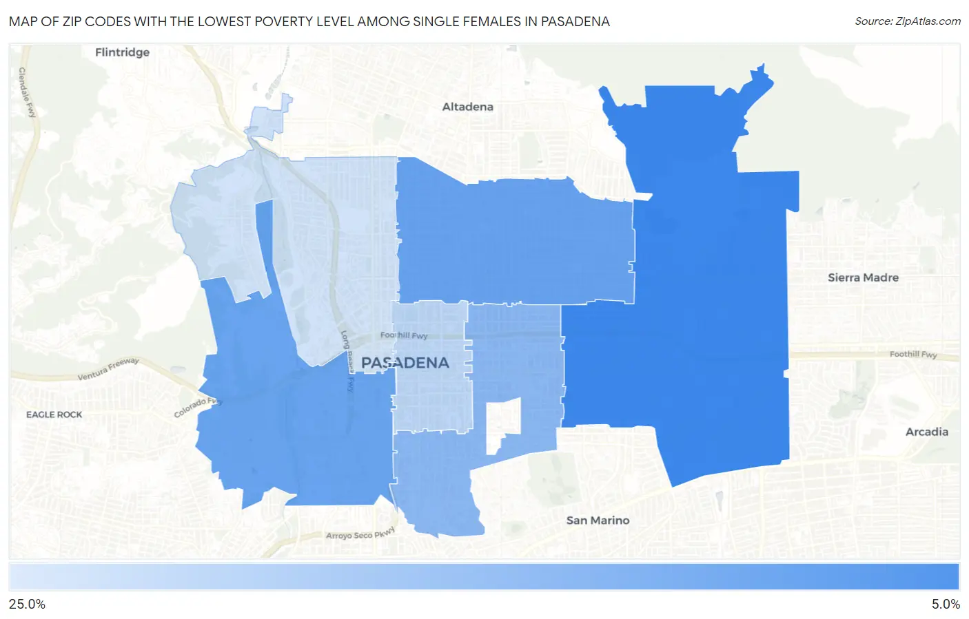 Zip Codes with the Lowest Poverty Level Among Single Females in Pasadena Map